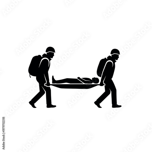 Two Rescuers Carrying Injured Person on Stretcher Silhouette.
