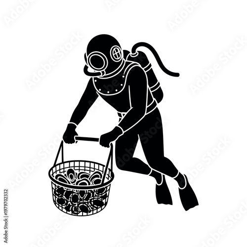Vintage Diver Collecting Shells in a Basket.