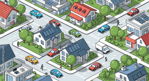 Isometric suburban neighborhood with houses cars and trees.