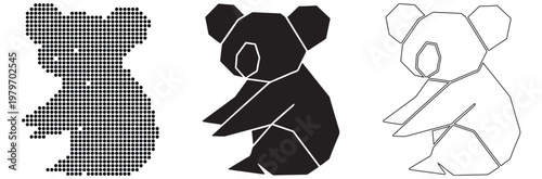 Geometric koala illustration in black, white, and pixelated gray styles