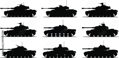 Silhouettes of various tanks on white background