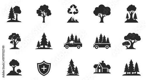 Black silhouette icons of trees and eco friendly symbols.