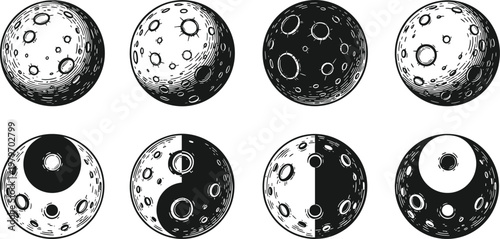 Set of eight vintage-style moon illustrations, depicting phases and celestial bodies with detailed craters and yin yang symbols, evoking astronomy and cosmic themes.