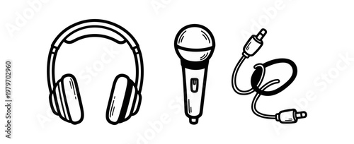 Audio equipment headphones microphone and mouse illustration