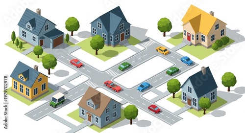 Isometric suburban neighborhood with houses streets and cars.