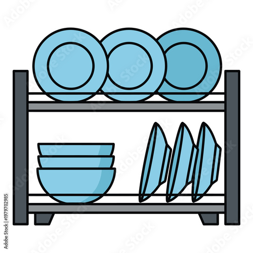 Dish rack with plates and bowls on white background icon