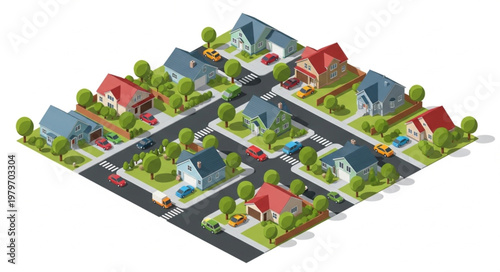 Isometric suburban neighborhood with houses streets and cars.