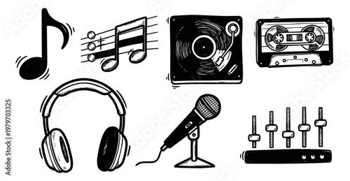 Music equipment set black and white line art