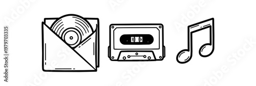Music media icons illustration vinyl record cassette tape musical notes monochrome design