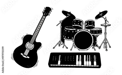 Musical instruments illustration set black and white design