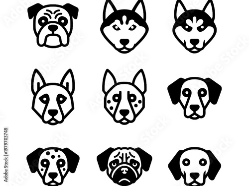 Dog breed head icons set in minimalist black and white line art