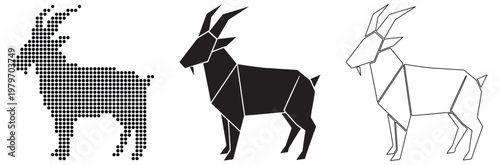 Stylized goat silhouettes in pixel art, solid black, and line drawing