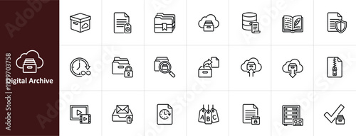 Digital Archive and Data Storage Line Icon Set - Minimalist Information Management Vector Illustrations