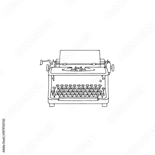Vintage Mechanical Typewriter Line Art Icon with Paper, Retro Outline Drawing for Writing, Communication, and Creativity Concepts