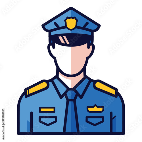 Flat illustration of a faceless police officer in blue uniform and hat icon
