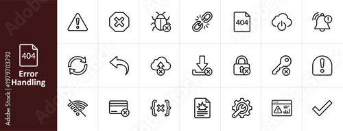 Error Handling and System Alert Line Icon Set - Minimalist UI/UX and Tech Support Vector Illustrations
