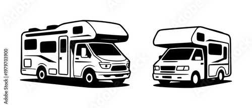 Black and white line of recreational vehicles, r vs, or campers motorhome travel