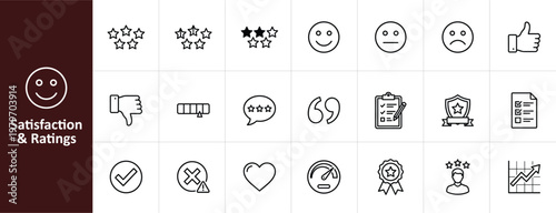 Satisfaction and Ratings Line Icon Set - Minimalist Customer Feedback and Survey Vector Illustrations