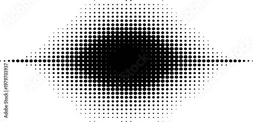 Black halftone dot pattern expanding from center white background, dots