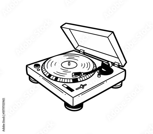 Turntable illustration on black background for music and entertainment