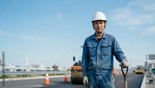 建設業・土木工事のイメージ ヘルメットと作業着姿で立つ男性作業員 コピースペース