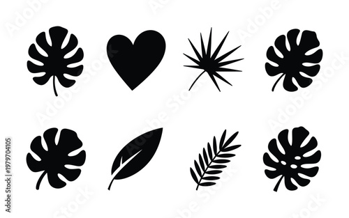 Collection of Black Silhouette Tropical Leaves and a Heart