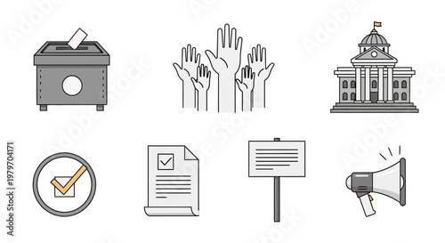 Collection of election and voting icons representing democratic processes, participation, and government buildings