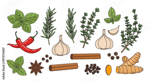 A vibrant collection of fresh herbs, spices, and aromatics, including chili peppers, garlic, basil, rosemary, thyme, cinnamon, peppercorns, star anise, and turmeric, perfect for culinary inspiration