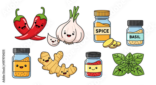 Kawaii-style cartoon collection of fresh garlic, red chili peppers, ginger root, and jars of spices and herbs like basil, perfect for culinary designs and food-related projects