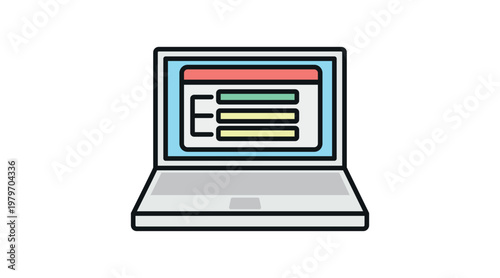 Laptop web design and UI/UX layout icon: portable computer with wireframe on screen, soft colors offset fill and black line vector illustration.