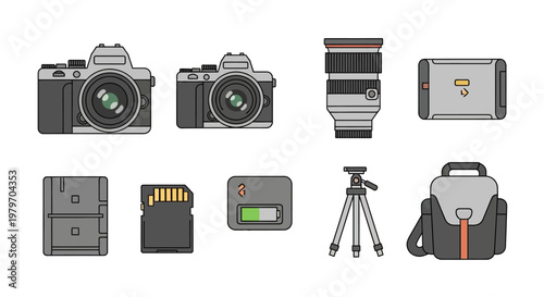 Collection of photography equipment, including camera, lens, tripod, memory card, battery, and bag, representing modern digital imaging technology