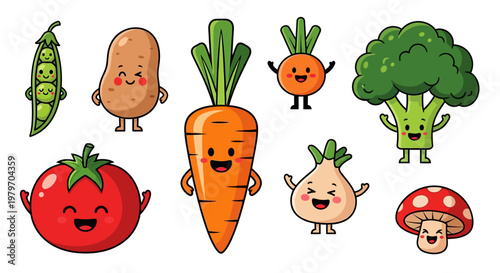 Collection of Cute Kawaii Vegetables and a Mushroom with Happy Faces for Healthy Eating and Nutrition Education