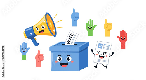 Illustration of a blue ballot box with a vote paper, a megaphone, and colorful hands giving thumbs up, celebrating democracy and voting rights