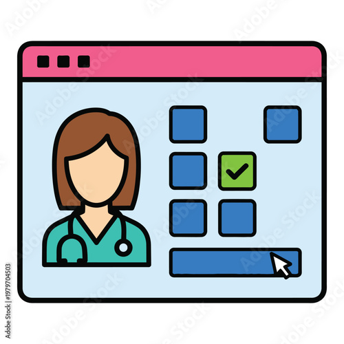 Cartoon doctor woman in teal scrubs and stethoscope on computer screen with checkboxes icon