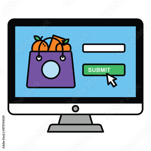 Cartoon computer screen with purple shopping bag and submit button on blue background icon