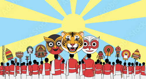 A vibrant illustration of a cultural procession with people holding traditional masks and symbols under a radiant sun.