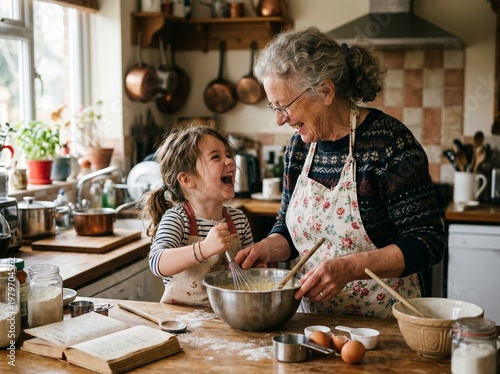 Authentic candid moment of happy elderly grandmother and young granddaughter laughing together while cooking in warm cozy home kitchen