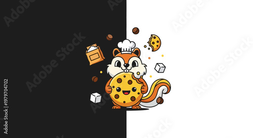 Cartoon squirrel with cookies and milk.