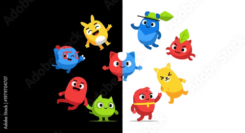 Colorful cartoon characters in contrasting backgrounds.