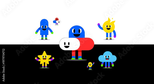 Colorful cartoon characters on black and white background.