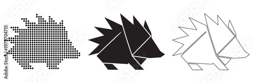 Three stylized hedgehog illustrations: pixelated, solid black, and outline