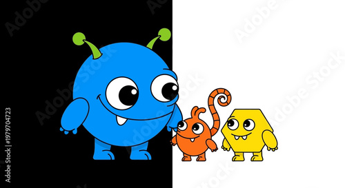 Colorful cartoon characters standing together.