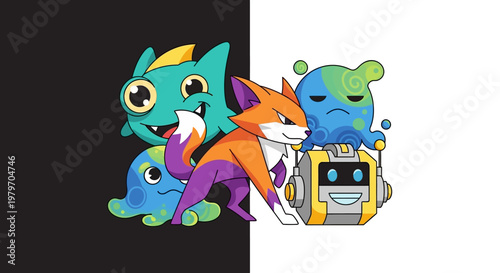 Colorful cartoon alien creatures and robot.