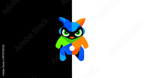 A colorful cartoon creature with green eyes.