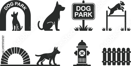 Dog Park Silhouettes of Dogs, Agility Equipment, and Amenities
