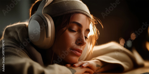 Tranquil woman reclines in soft sweater beneath gentle amber lighting after artistic work