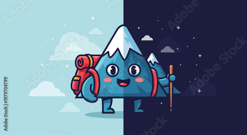 cartoon water droplet character hiking mountain.