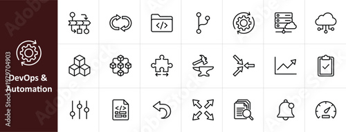 DevOps and Automation Line Icon Set - Minimalist Software Development and IT Operations Vector Illustrations