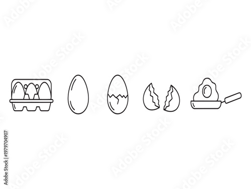 Line drawing of egg carton whole egg cracked egg broken shell and spatula