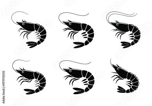 Six Black Silhouette Shrimp on White Background